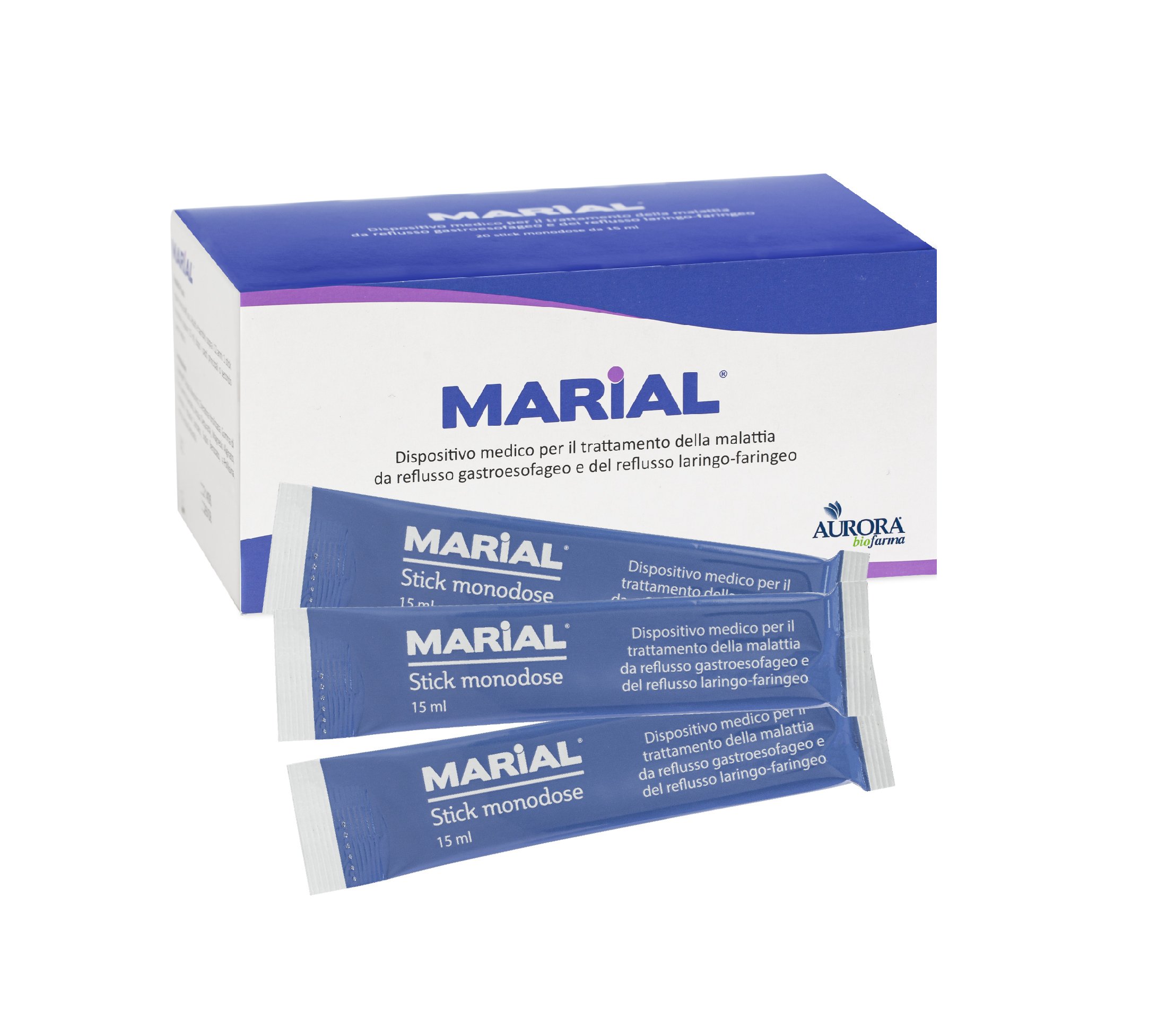 Marial Gel - Prevents gastroesophageal reflux, laryngeal throat, protects, restores and regenerates damaged mucosa (Box of 20 packs x 15ml)