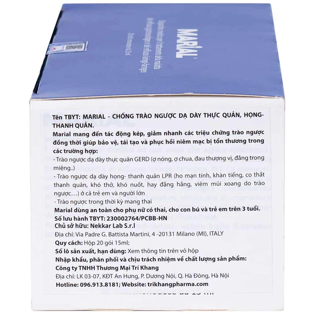 Marial Gel - Prevents gastroesophageal reflux, laryngeal throat, protects, restores and regenerates damaged mucosa (Box of 20 packs x 15ml)