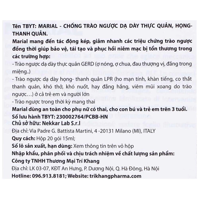 Marial Gel - Prevents gastroesophageal reflux, laryngeal throat, protects, restores and regenerates damaged mucosa (Box of 20 packs x 15ml)